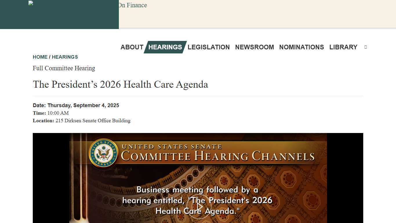 [2025-09-04] Hearing: The President’s 2026 Health Care Agenda | The United States Senate Committee on Finance